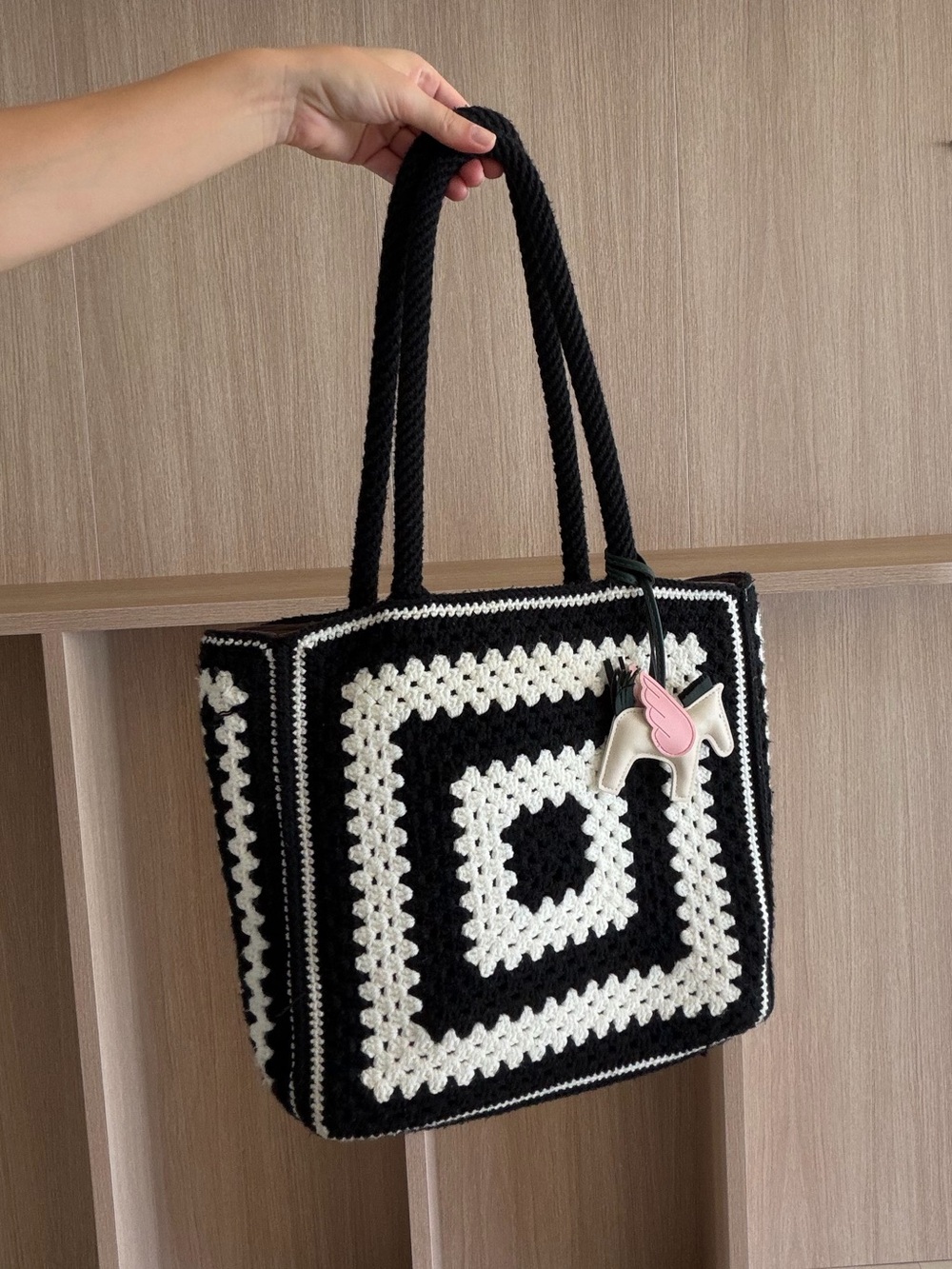 Black & White Crochet Square Tote Bag with Pink Charm Handmade in Miami